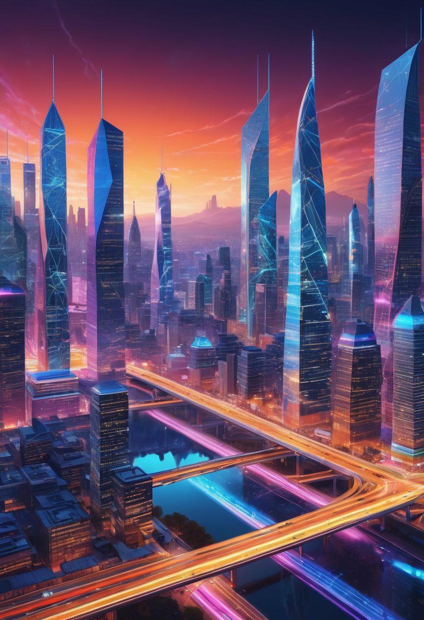 A vibrant digital landscape filled with abstract representations of technology, like circuit patterns and data streams, intertwined with symbols of journalism, such as a quill and a digital newspaper. In the background, a futuristic city skyline reflects innovation and connectivity, while diverse individuals engage with technology. Bright, engaging colors enhance the sense of energy and progression in this digital world. super-realistic. vibrant colors. 3D.