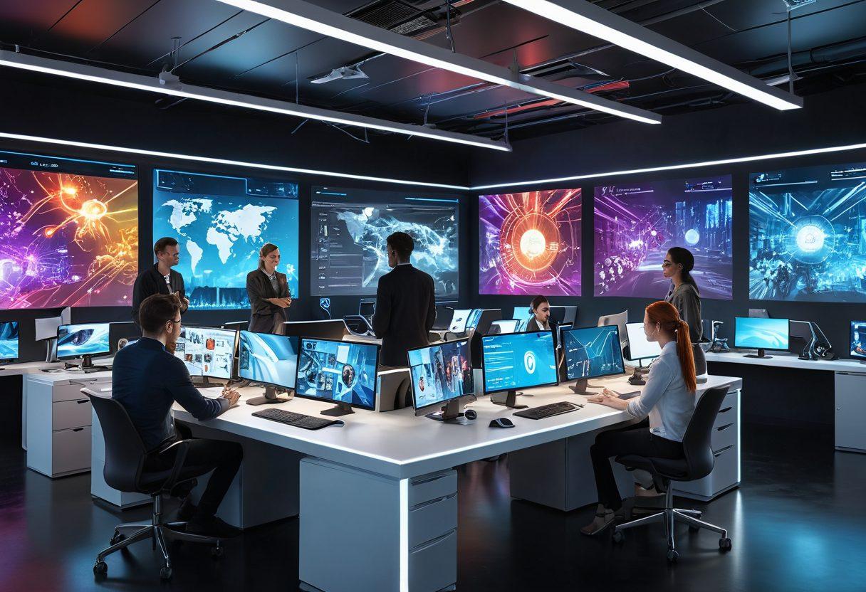 A futuristic workspace filled with diverse individuals collaborating on digital content, showcasing advanced technology like holographic displays and virtual reality headsets. In the background, a vibrant community board with various creative ideas and projects. The atmosphere is energetic and innovative, symbolizing engagement and collaboration in a bright, colorful environment. super-realistic. vibrant colors. 3D.