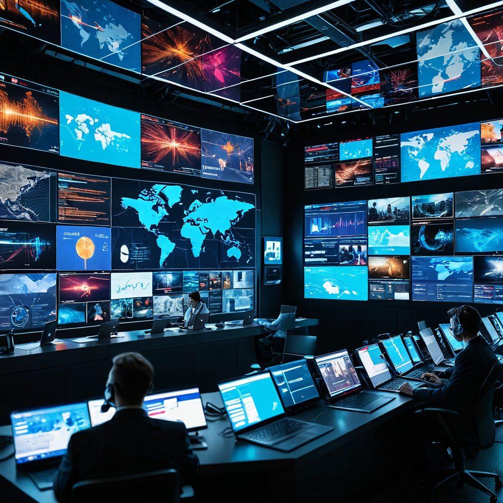 A futuristic newsroom filled with holographic screens displaying news articles, surrounded by diverse journalists collaborating over laptops. In the foreground, a digital map connecting global hot topics, with icons symbolizing technology like smartphones, drones, and AI. The ambiance should reflect innovation and connectivity, showcasing the blend of technology and modern news reporting. vibrant colors. cyberpunk.